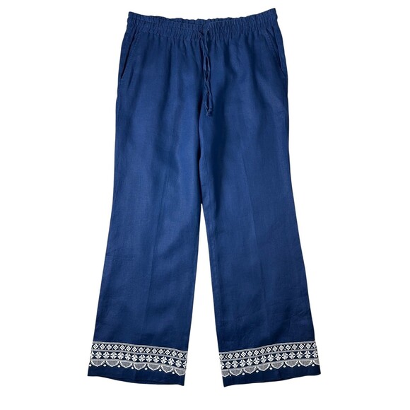 Lands' End Wide Leg Linen Pants  Size M (10-12)  High Waist Blue Embroidered Hem - Picture 1 of 11
